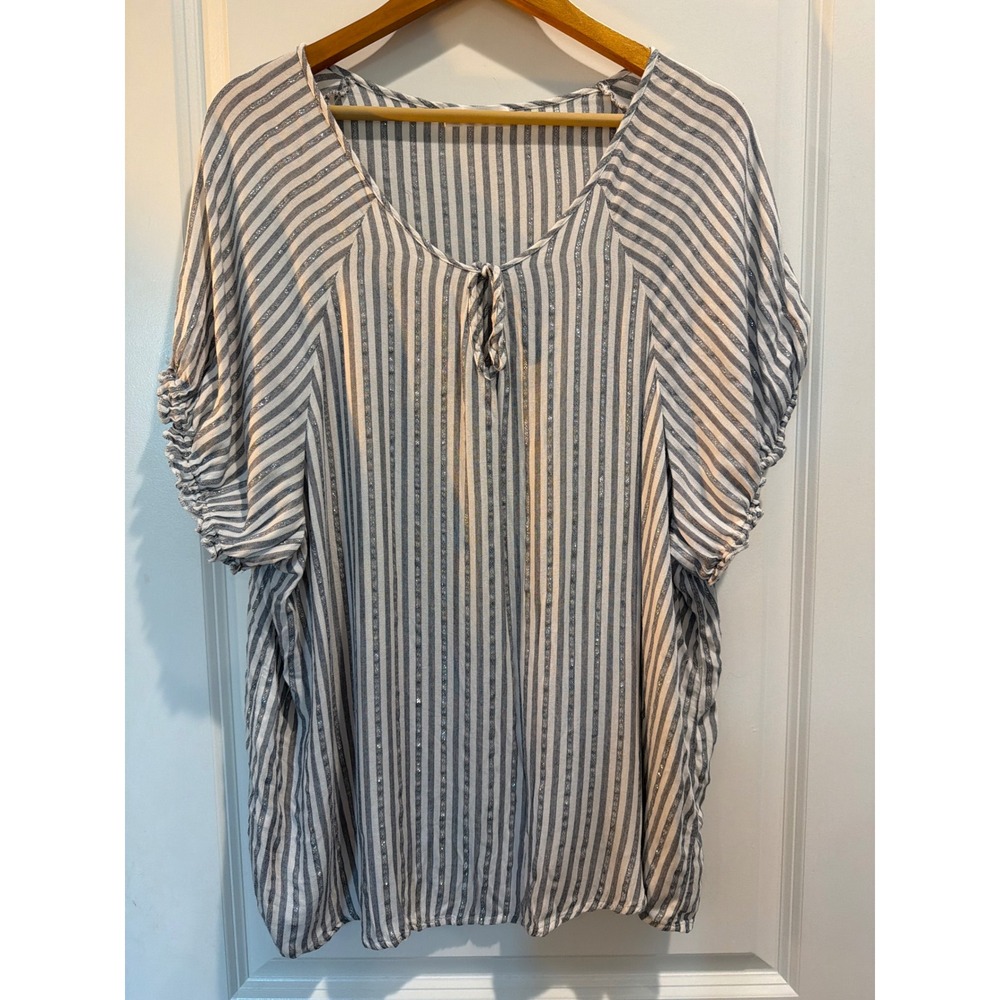 Retrology Womens 2X Blue White Striped Metallic Tie Neck Ruffle Sleeve Blouse